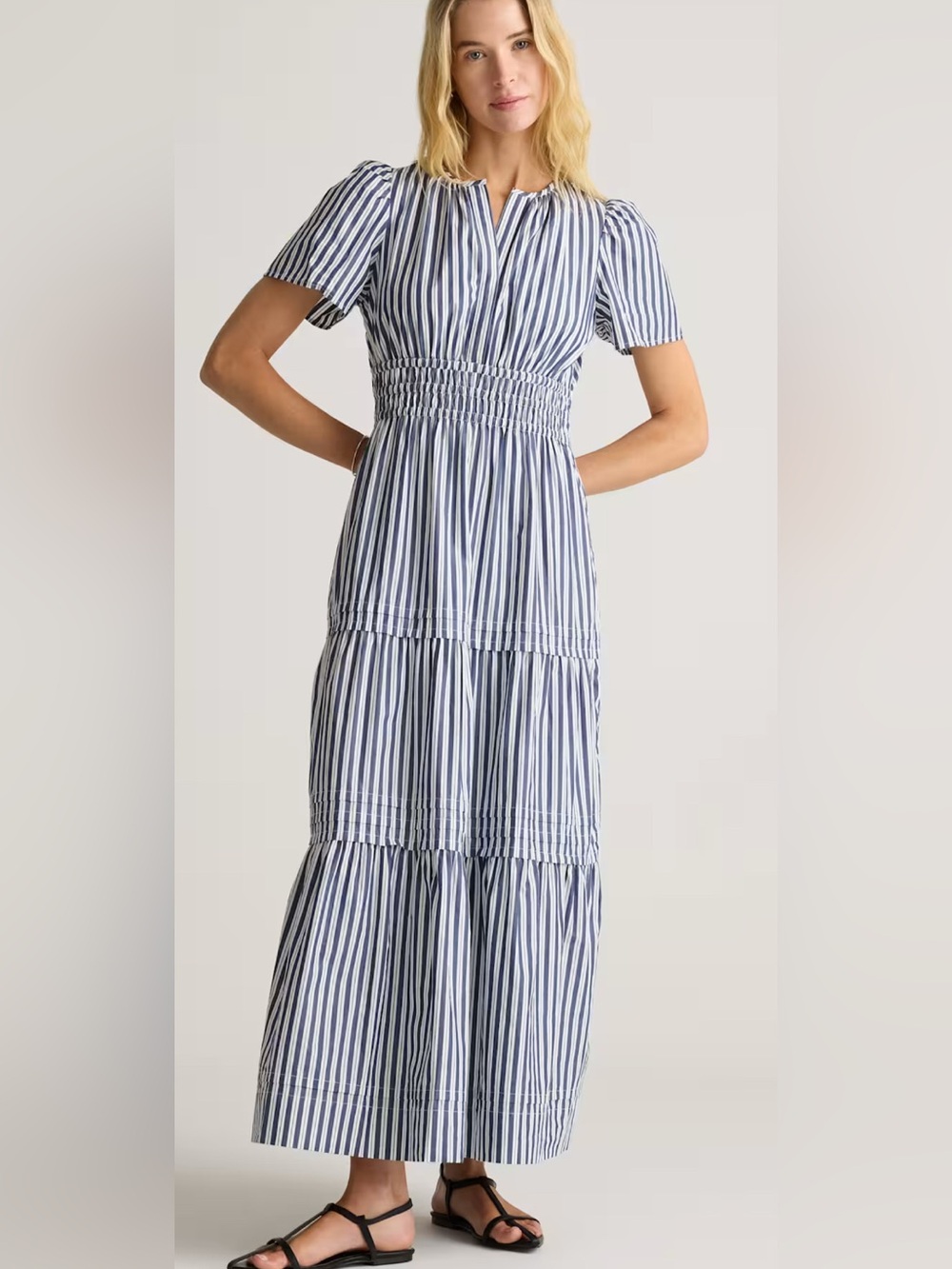Quince Blue and White Striped Maxi Dress with Shirred Waist